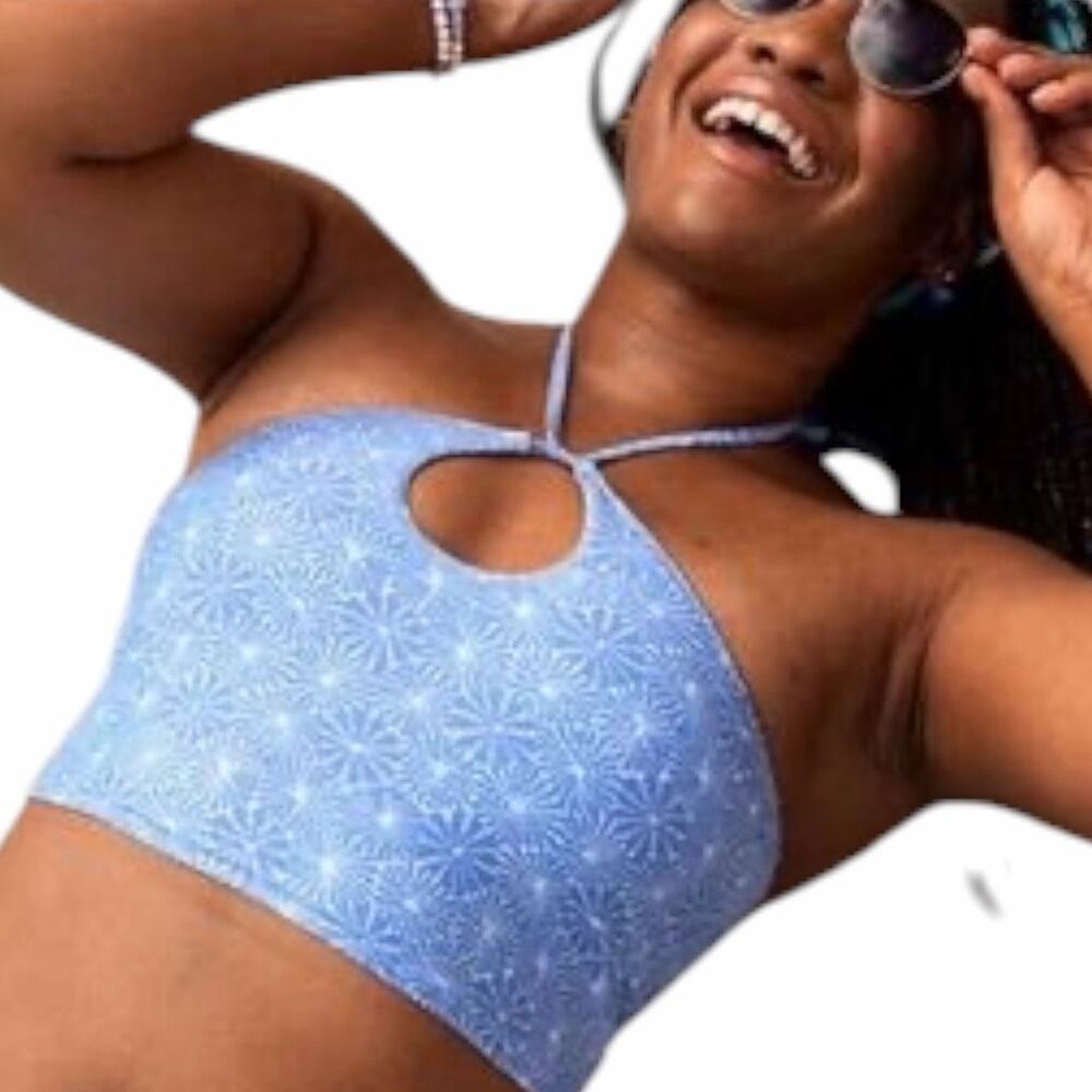 AERIE Women’s Blue White Floral Real Good Bandeau Bikini Top Size Small